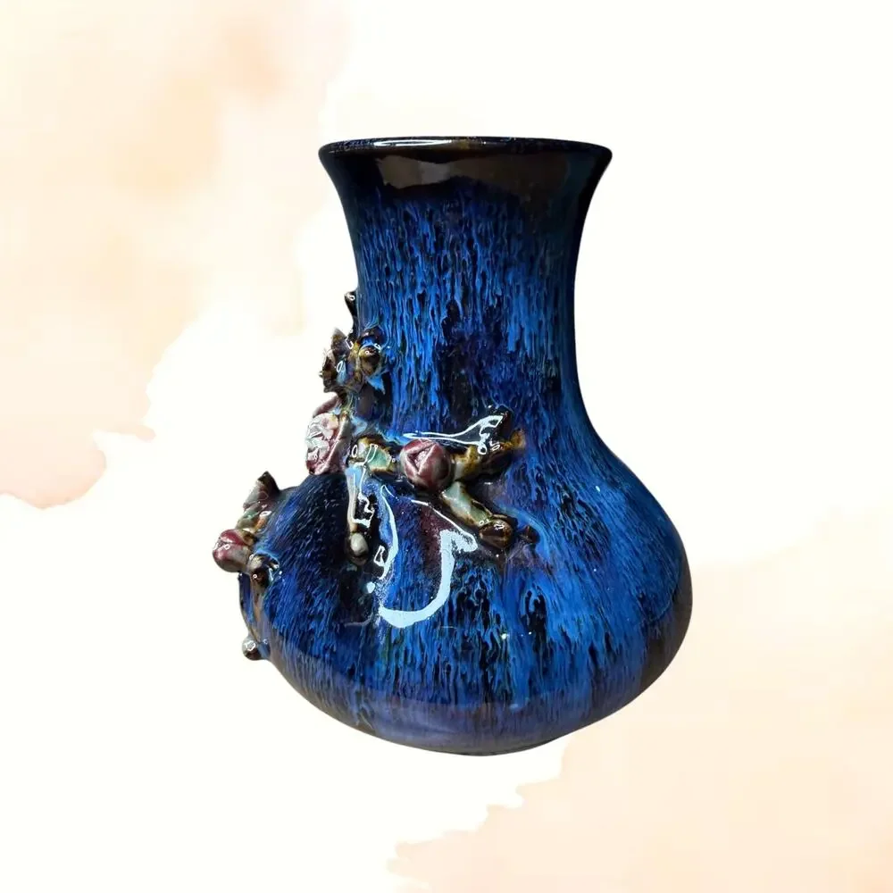 Vintage Signed Blue Drip Glaze Pottery Vase Applied Cherry Blossoms MCM 7